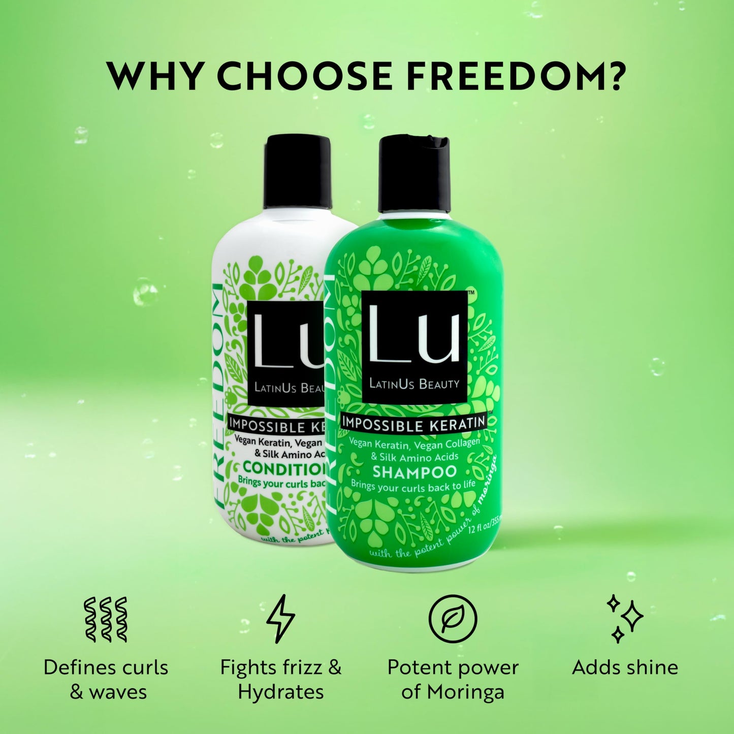 Lu by LatinUs Beauty Freedom Set | Curly Hair Set Shampoo, Conditioner with Impossible Keratin™, Moringa Oil, Cruelty Free, Sulfate Free, Paraben