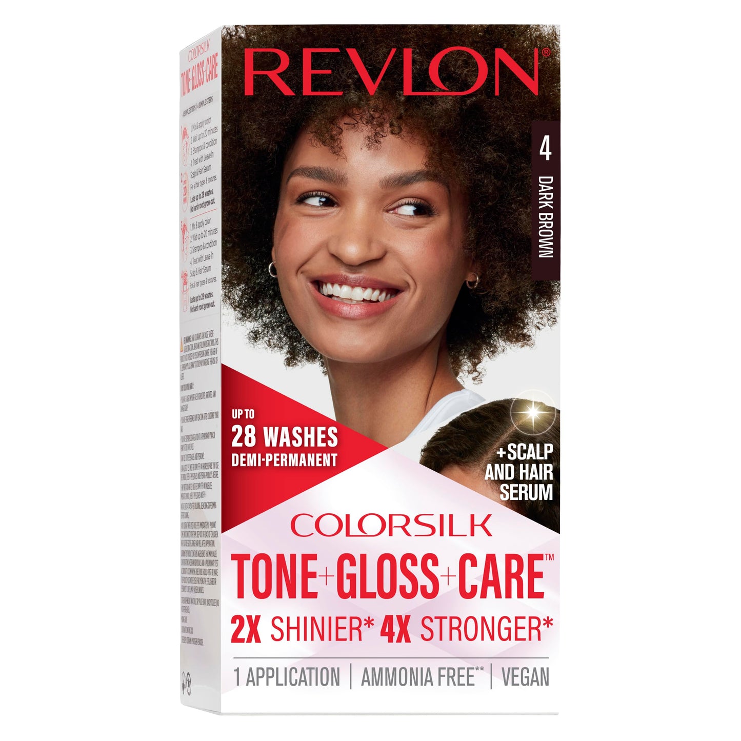 Revlon ColorSilk Tone + Gloss + Care Demi Permanent Hair Color, Dye Kit with Leave-In Scalp and Haircare Serum, 2x Shinier, 4x Stronger, 4 Dark Brown