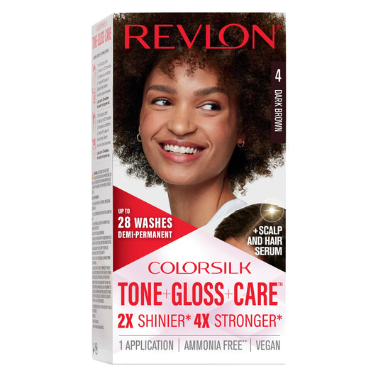 Revlon ColorSilk Tone + Gloss + Care Demi Permanent Hair Color, Dye Kit with Leave-In Scalp and Haircare Serum, 2x Shinier, 4x Stronger, 4 Dark Brown