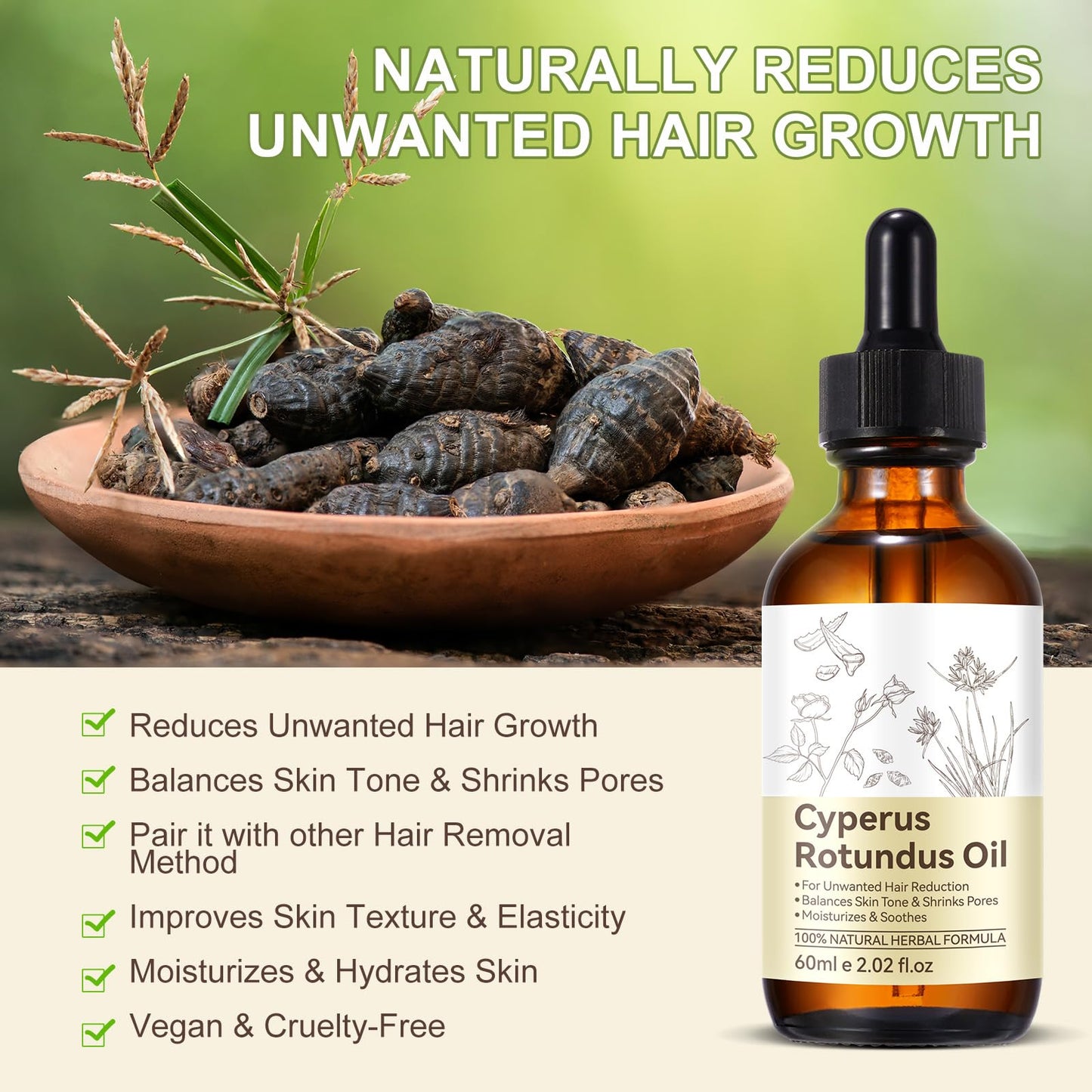 Cyperus Rotundus Oil, Natural Cyperus Rotundus Oil for Hair Removal, Reduces Unwanted Hair Growth, Moisturizes & Soothes The Skin, Reducing Body Hair Beauty and Personal Care Uruses
