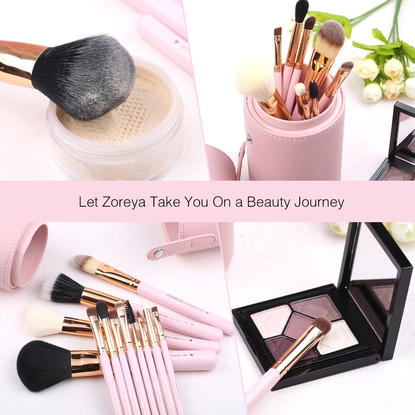 Z'OREYA Makeup Brush Set 12pcs Pink Synthetic Makeup Brushes Travel Set With Holder Makeup Brush Organizer Foundation Powder Contour Blush Eye