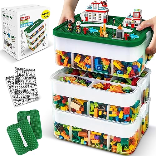 Outsmart Gadgets Stackable Toy Storage Organizer Bin for Lego, Building Bricks, Dolls, and Crafts Organization, Build on the Lid, 3 Layer Adjustable…