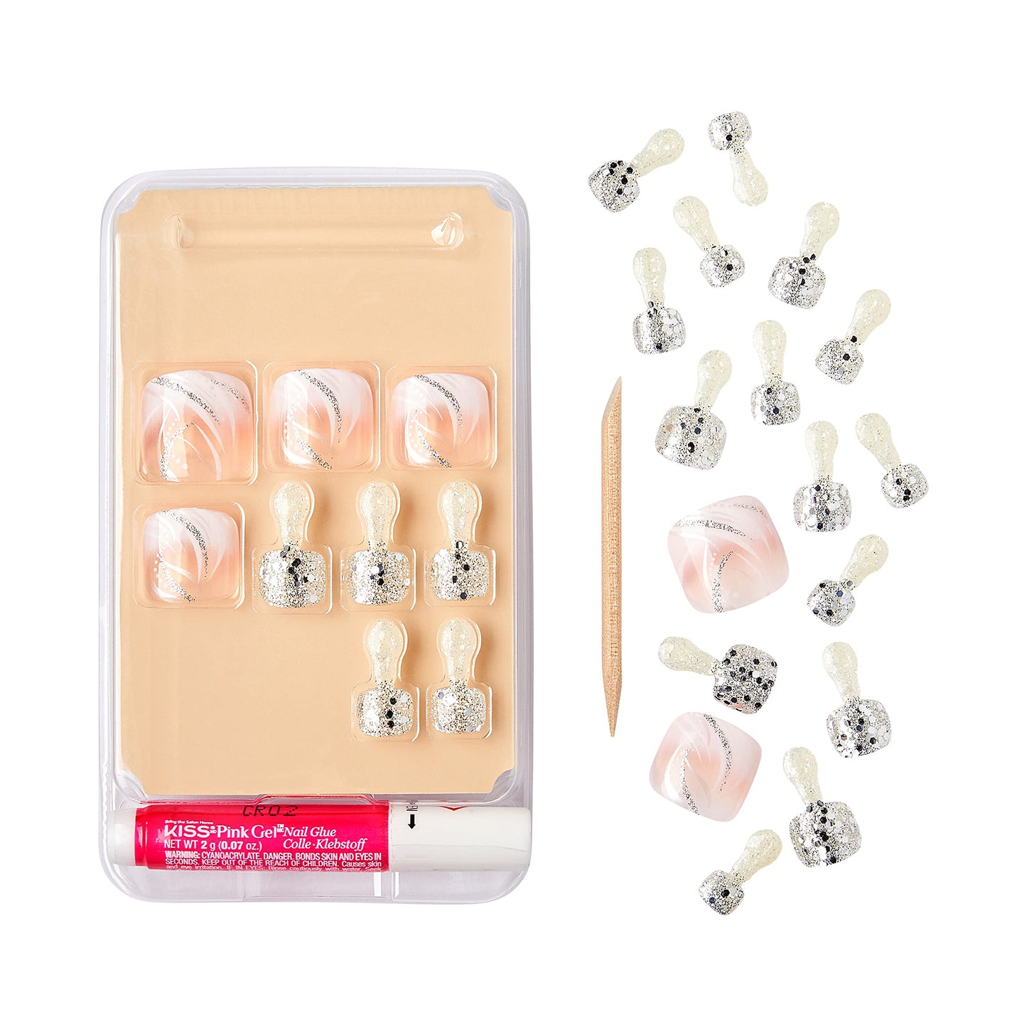 GoldFinger Press On Toenails Regular Fit White Glitter French Design, Squoval Shape, Long Lasting Nail Glue Included, Glue On Toe Nails (Perfect