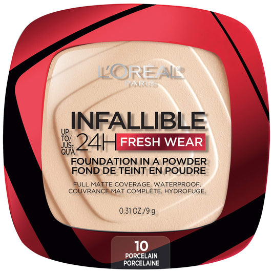 L'Oreal Paris Makeup Infallible Fresh Wear Foundation in a Powder, Up to 24H Wear, Waterproof, Porcelain, 0.31 oz.