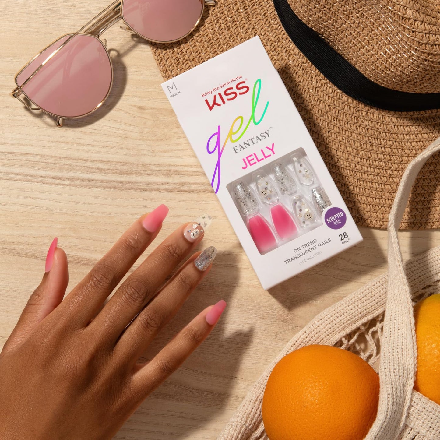 KISS Gel Fantasy Press On Nails, Nail glue included, 'Fun & Jelly', Pink, Medium Size, Coffin Shape, Includes 28 Nails, 2g glue, 1 Manicure Stick, 1 Beauty & Personal Care KISS