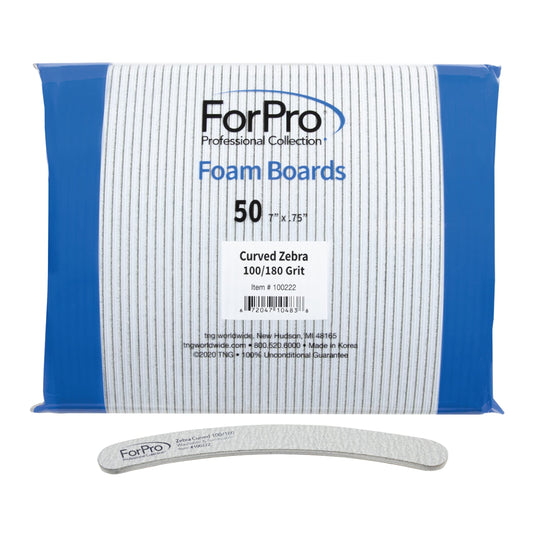 ForPro Professional Collection Zebra Curved Foam Board, 100/180 Grit, Double-Sided Manicure and Pedicure Nail Files, 7” L x .75” W, 50-Count Beauty & Personal Care ForPro Professional Collection