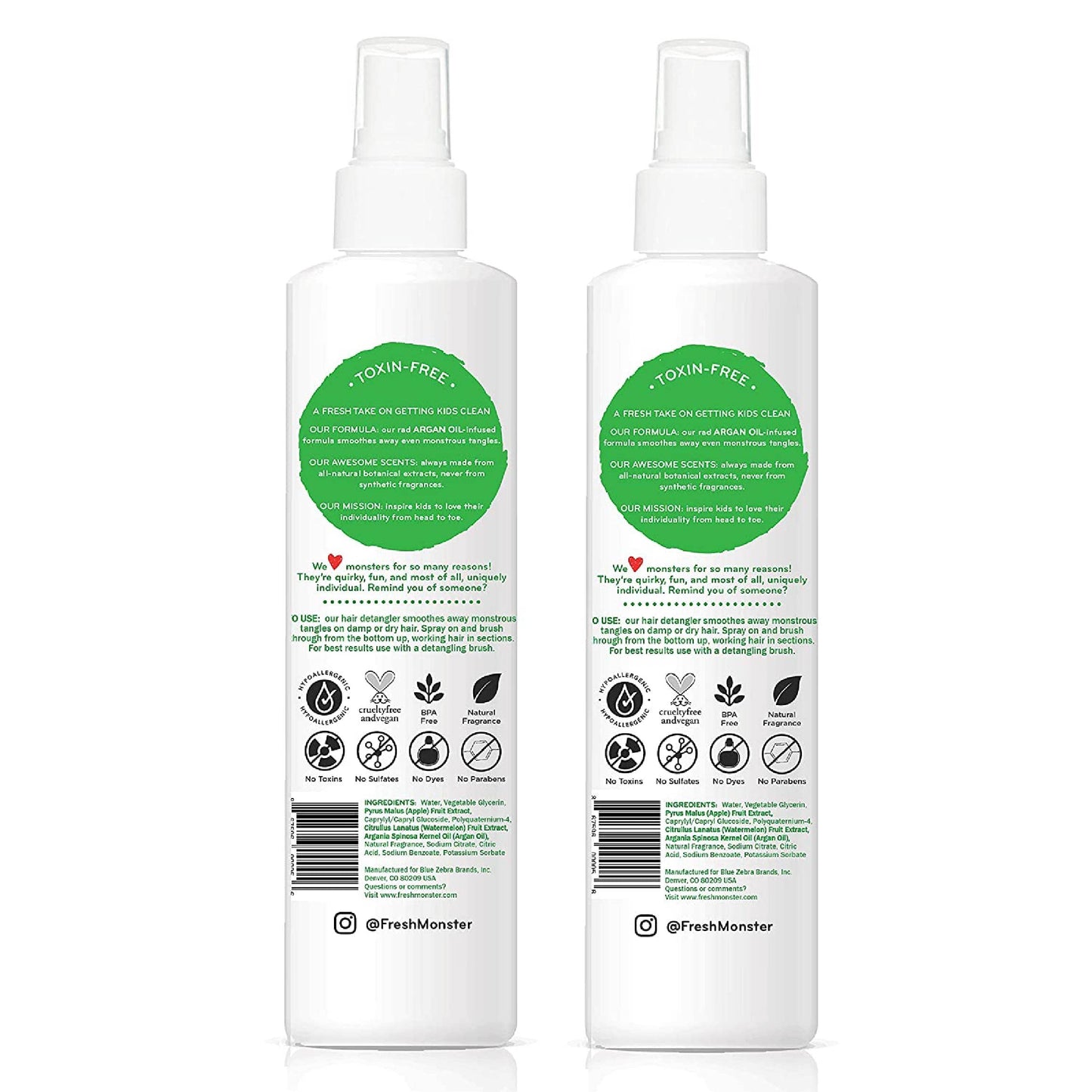 Fresh Monster Kids Detangler Spray, Toxin-Free, Hypoallergenic & Natural, Hair Conditioning Spray for Kids, Watermelon (2 Pack, 8.5oz/each)