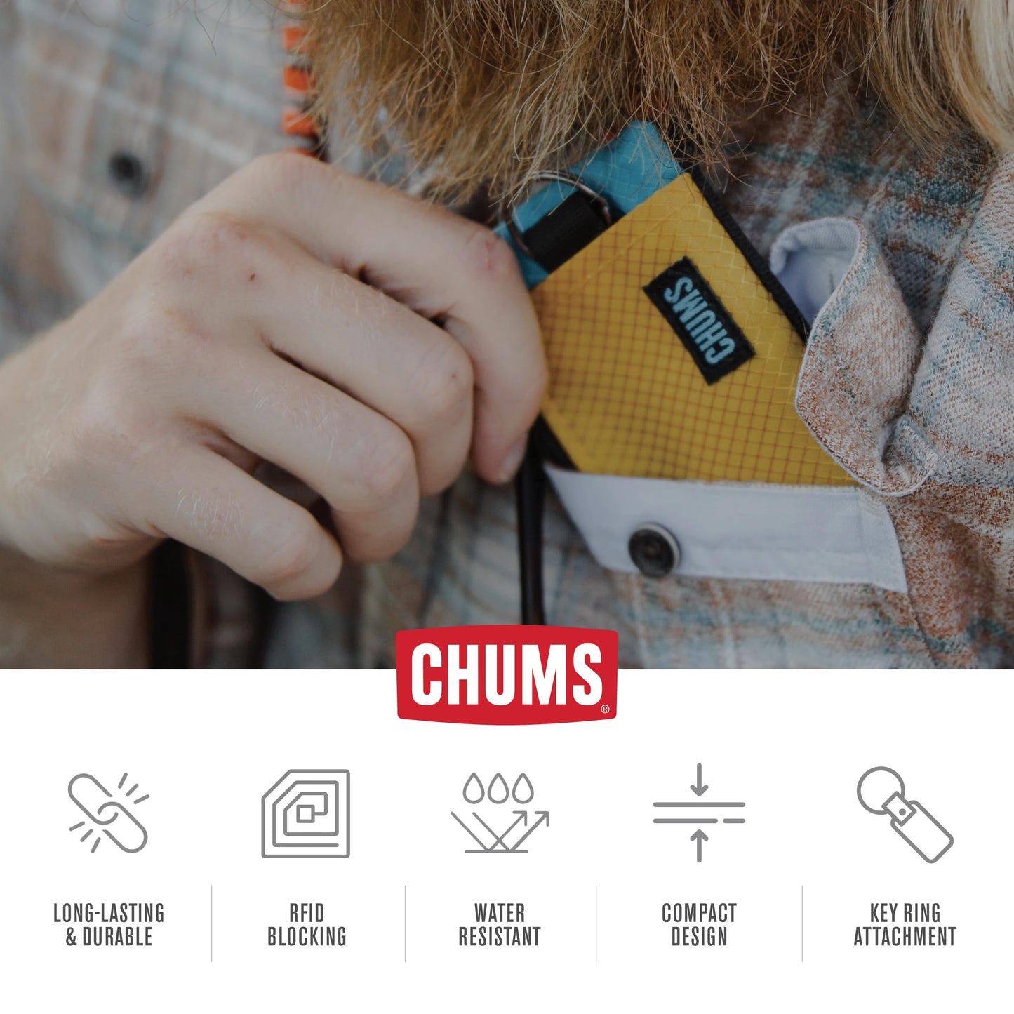 Chums Surfshorts Wallet – Lightweight Minimalist Zippered Wallet with Clear ID Window, Water-Resistant with Key Ring, Rainbow Tie Dye