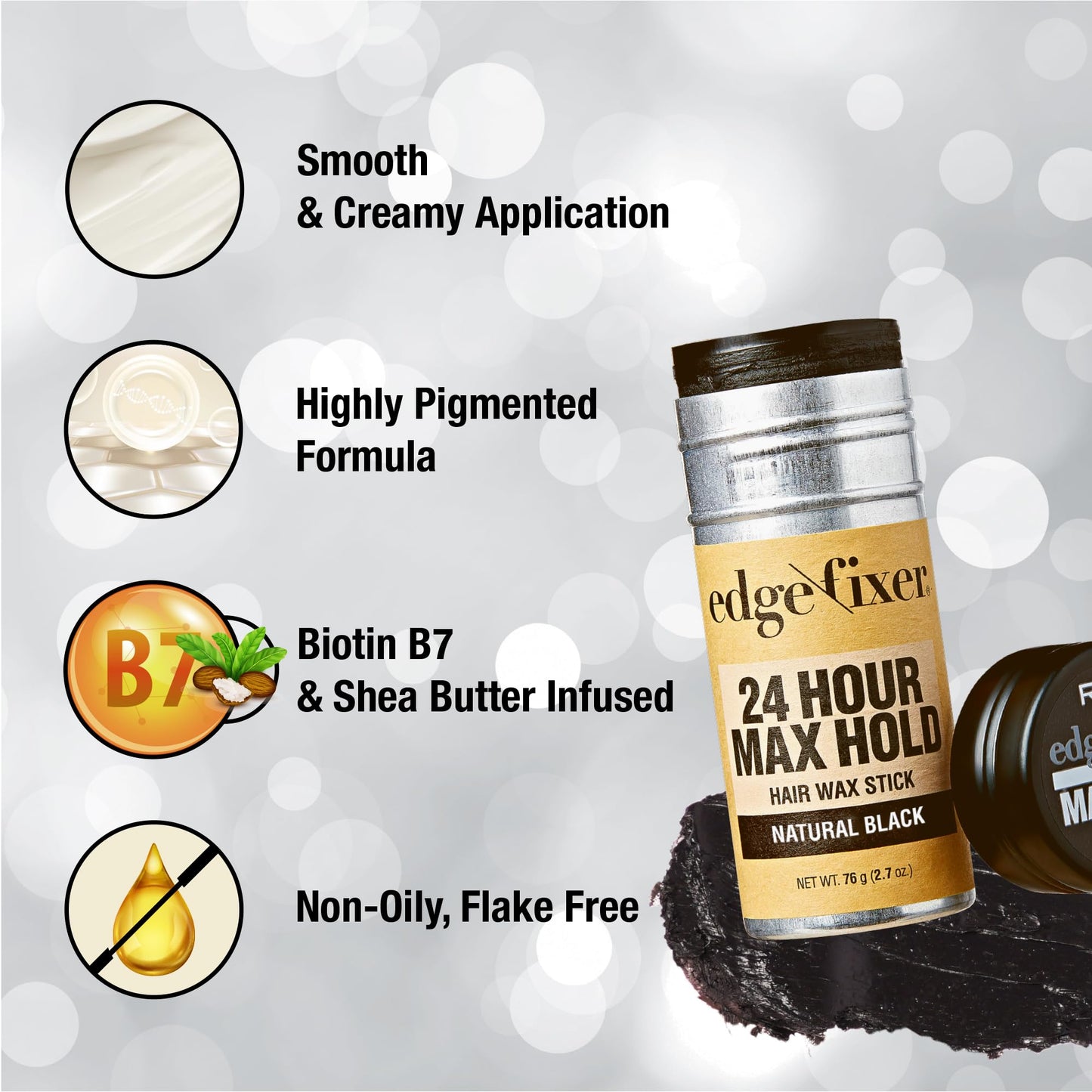 Red by Kiss Hair Wax Stick 24HR Max Hold Edge Fixer Edge Control Pomade Non-Sticky, Non-Oily Flake Free Hair Styling Wax 2.7 oz. (Natural Black)