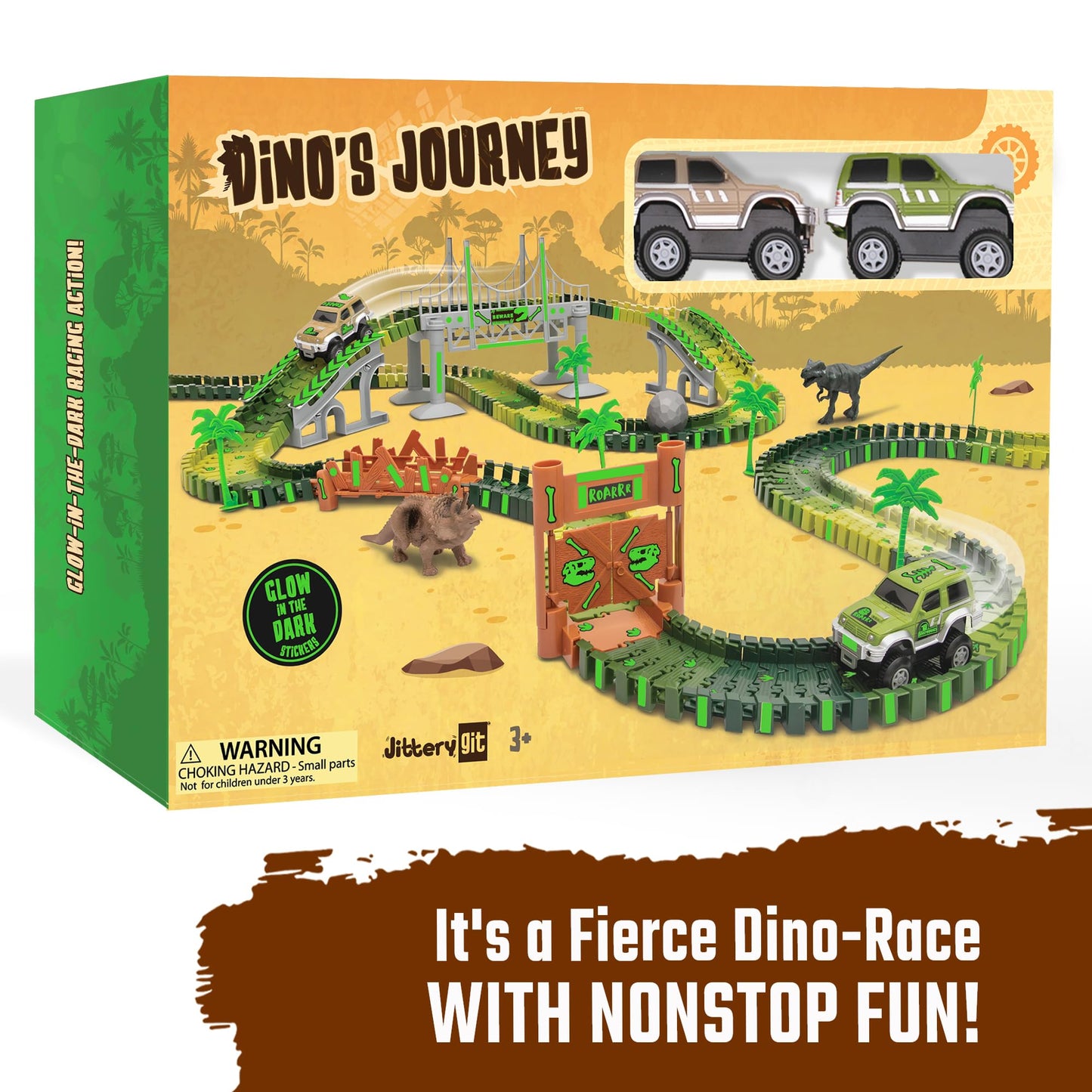 JITTERYGIT Dinosaur Jurassic Race Track Train Glow in The Dark World Toy Set, Kids Dino Racetrack Park Includes T-Rex & Triceratops Playset - Best…
