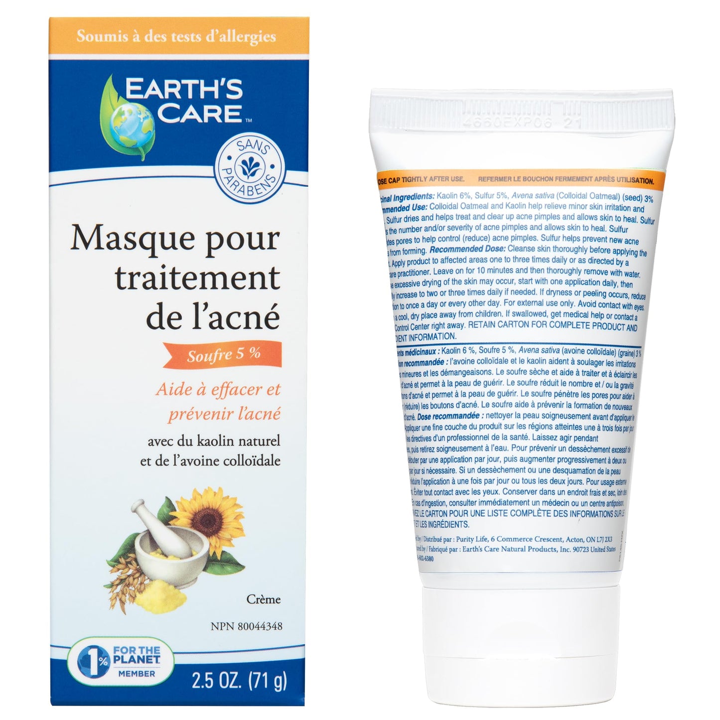 Earth's Care Acne Treatment Mask - 5% Sulfur Cystic Acne Treatment - Acne Medicine for Face Pimples and Blackheads (Tube 2.5 OZ)