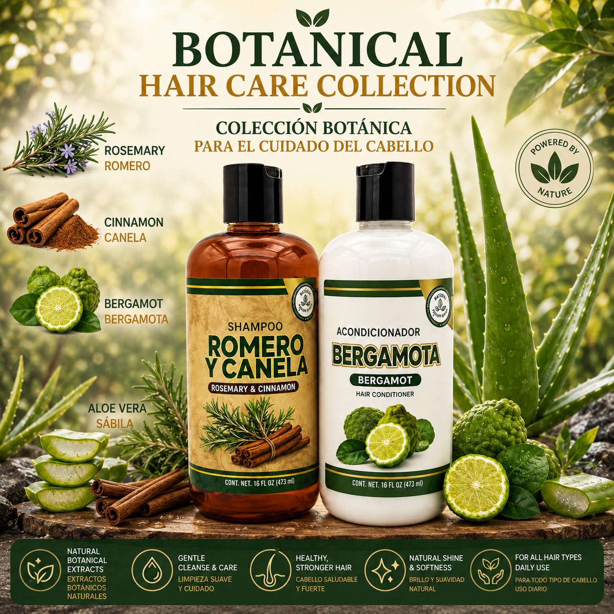 HIGH SUPREME Shampoo Romero, Sábila & Canela + Acondicionador de Bergamota - 16.9 fl oz each - Premium Nourishing Hair Care Set - Nutre y Revitaliza