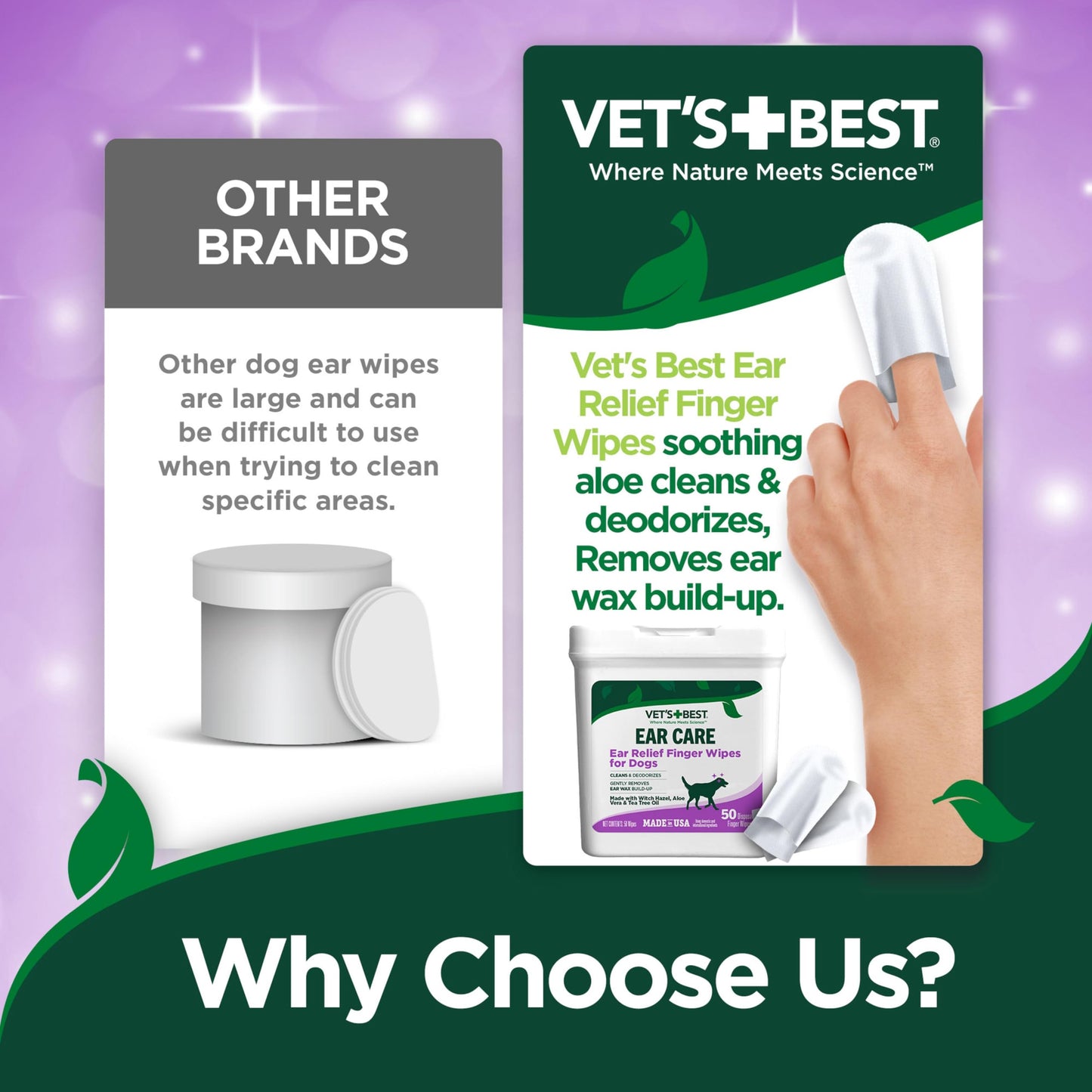 Vet's Best Ear Cleaner Finger Wipes for Dogs – 50 ct Disposable Pads to Soothe Itchy Ears, Remove Odor & Gently Clean for Hygiene & Relief
