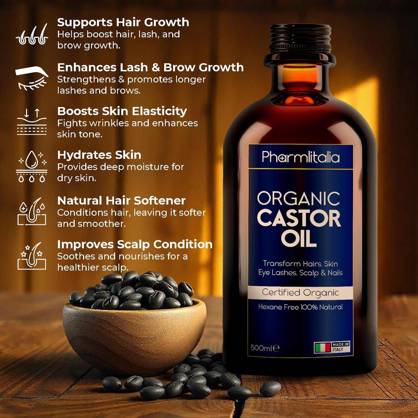 Pharmlitalia Caster Oil Organic Cold Pressed Unrefined Glass Bottle - Organic Golden Castor Oil for Face, Scalp, Eyelashes, Skin Care and Nails