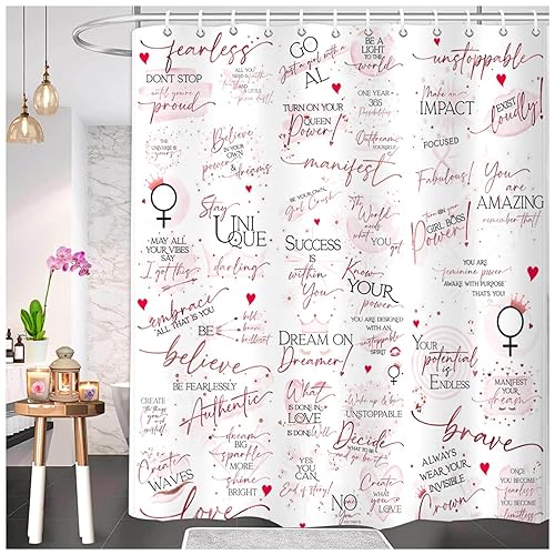 Girl Boss Motivational Shower Curtain - White with Rose Gold Quotes & Affirmations, Inspirational Bathroom Decor for Women, Empowerment Gift, 71" W x…