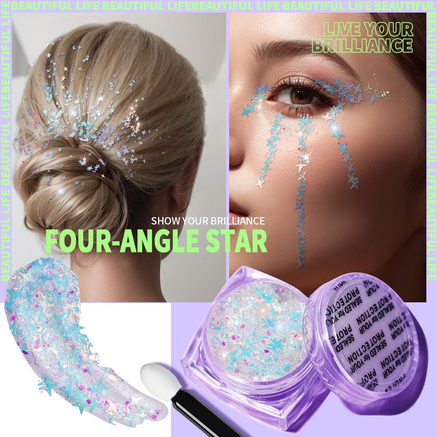 Teenitor Face Glitter Body Glitter, Clear White Body Glitter Gel, Hair Glitter Gel, 6 Shapes Rave Glitter, Mermaid Sequins Makeup Glitters Face Paint Beauty and Personal Care Teenitor