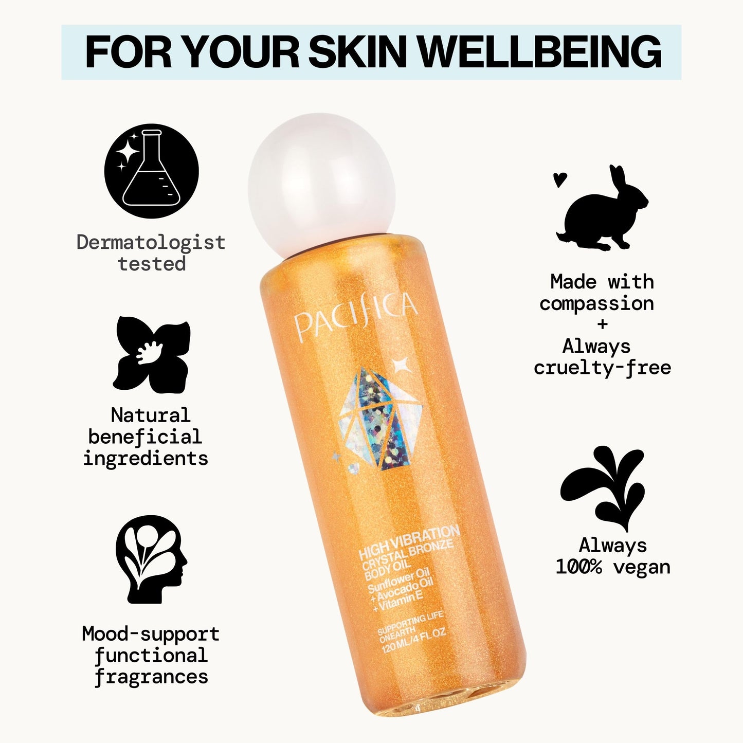 Pacifica Bronzing Body Oil - Crystal Bronze Shimmering Oil for Natural Sun-Kissed Glow, Hydrating Body Illuminator, Vanilla Coconut Scent, Vegan