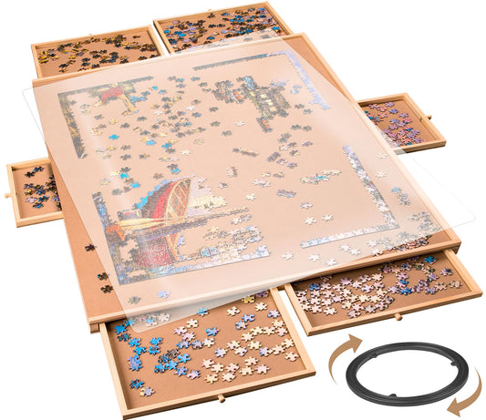 1500 Piece Rotating Puzzle Board – Wooden Jigsaw Table with 6 Storage Drawers & Cover, Family Game Night Puzzle Organizer