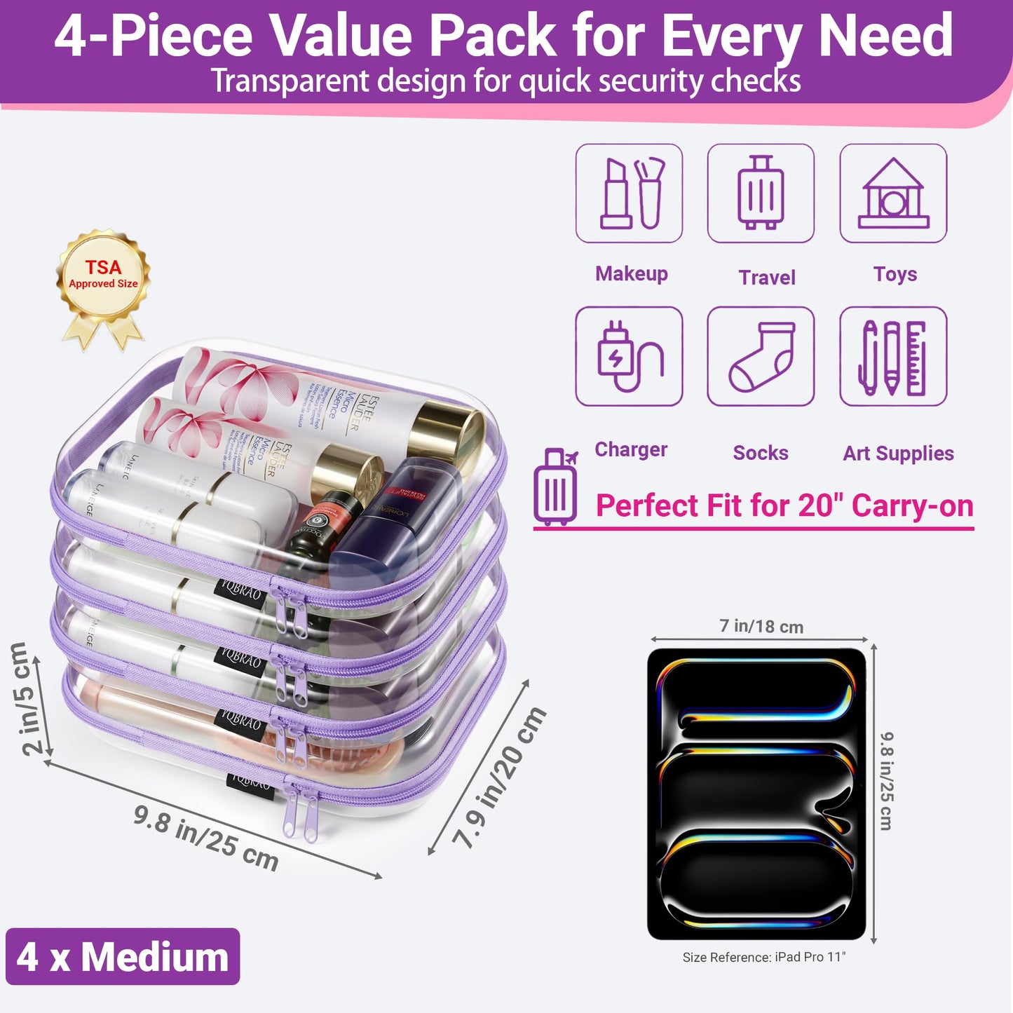 YQBRAO 4-Pack Clear Diaper Bag Organizer Pouches, 1.2mm Ultra-Thick PET Travel Pouches for Toiletries & Makeup, Rigid Self-Standing Bags with YKK Beauty and Personal Care YQBRAO