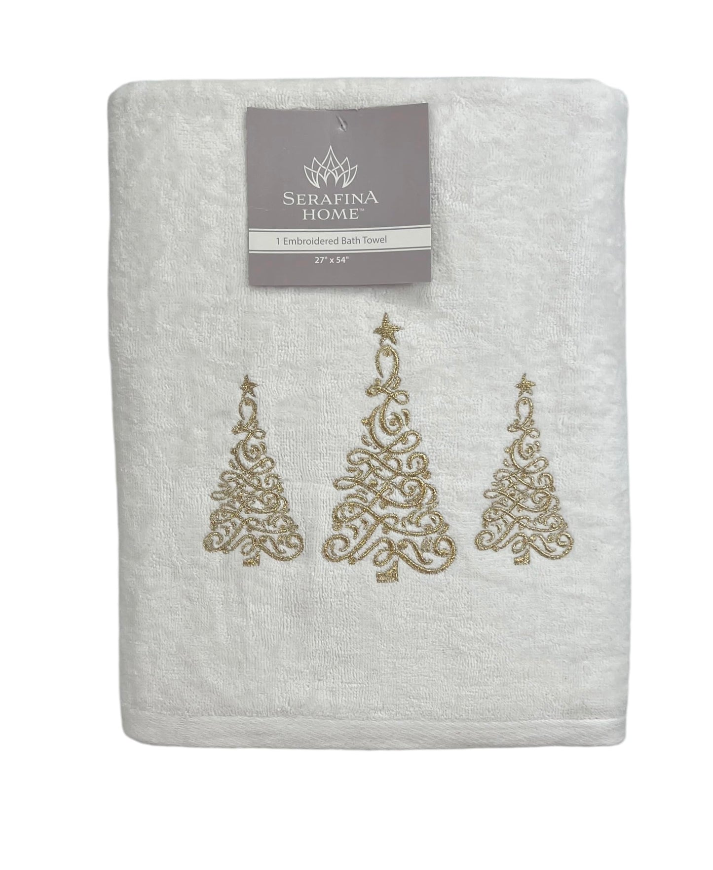 Serafina Home Luxury Holiday Christmas Winter Gold Tree Bath Towels, Embroidered Gold on White Plush Velour Terry 100% Cotton, Set of 2, Measures 54"…