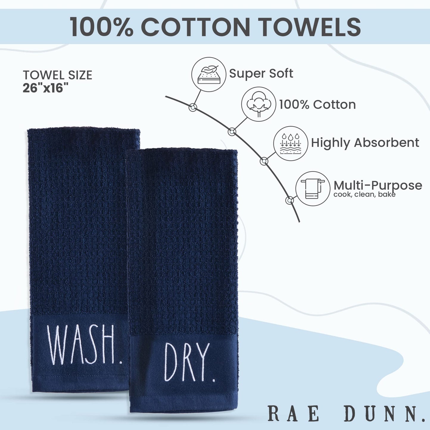 Rae Dunn Set of Hand Towels for Kitchen and Bathroom, 100% Cotton, Embroidered Dish Towels, Decorative Hand Towels, Navy- Wash/Dry, 2 Pack