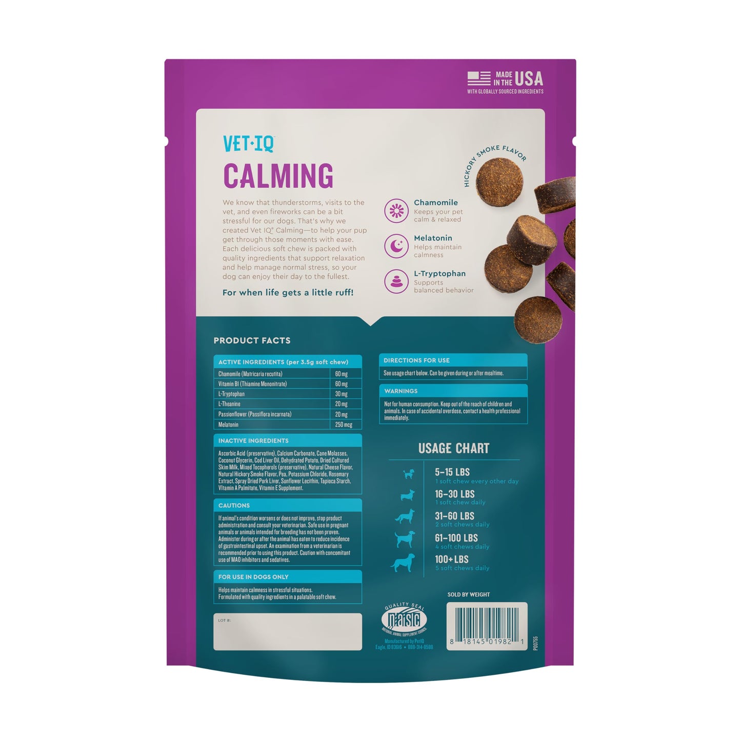 VetIQ Calming Support Supplement for Dogs, Calming Chews Help Manage Stress and Promote Relaxation, Anxiety Relief for Dogs, Made in The USA, 60 Count