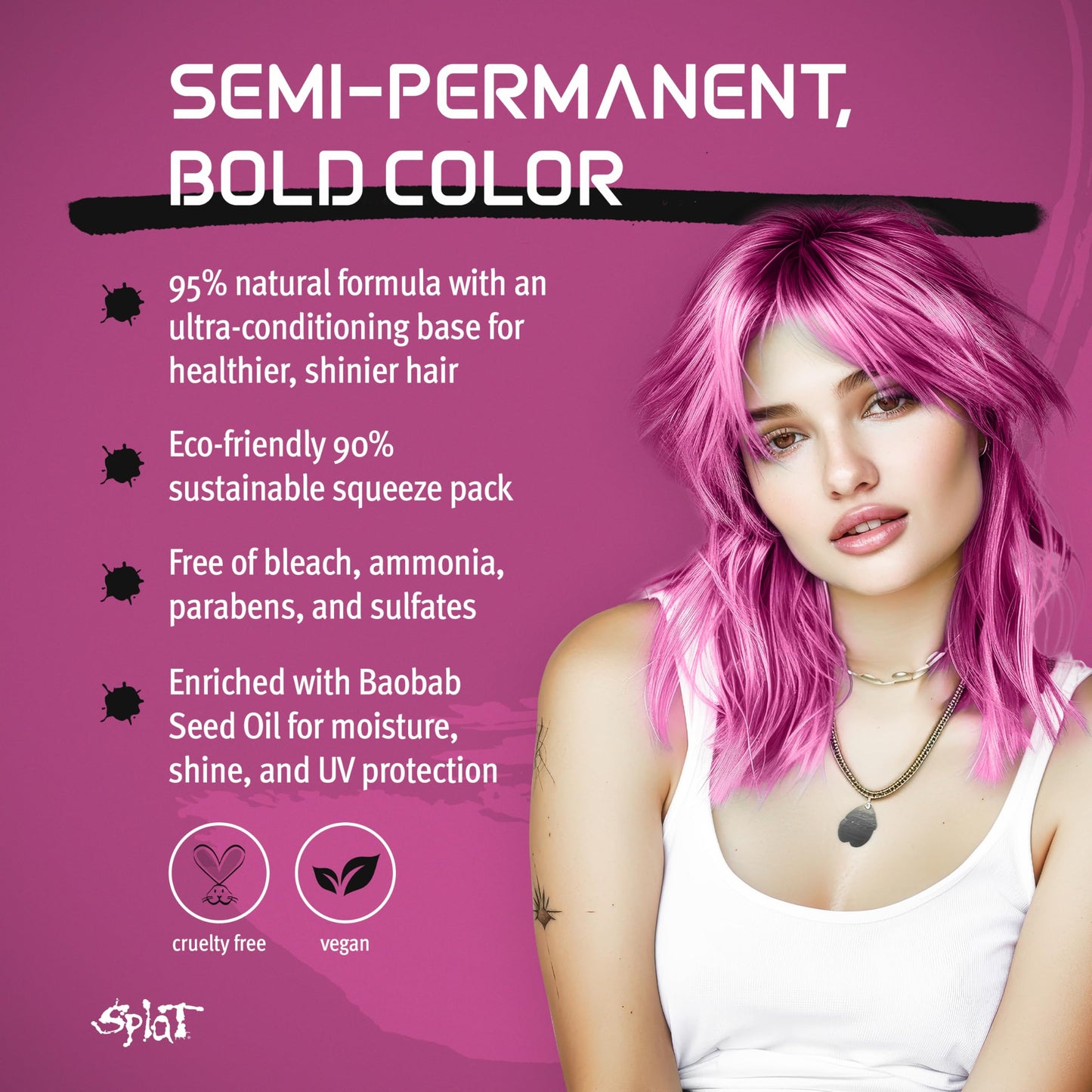Splat Naturals Semi-Permanent Hair Color, Magenta, 6 fl. oz., 95% Natural Hair Dye Formula Lasts Up to 30 Washes, Vegan & Cruelty-Free