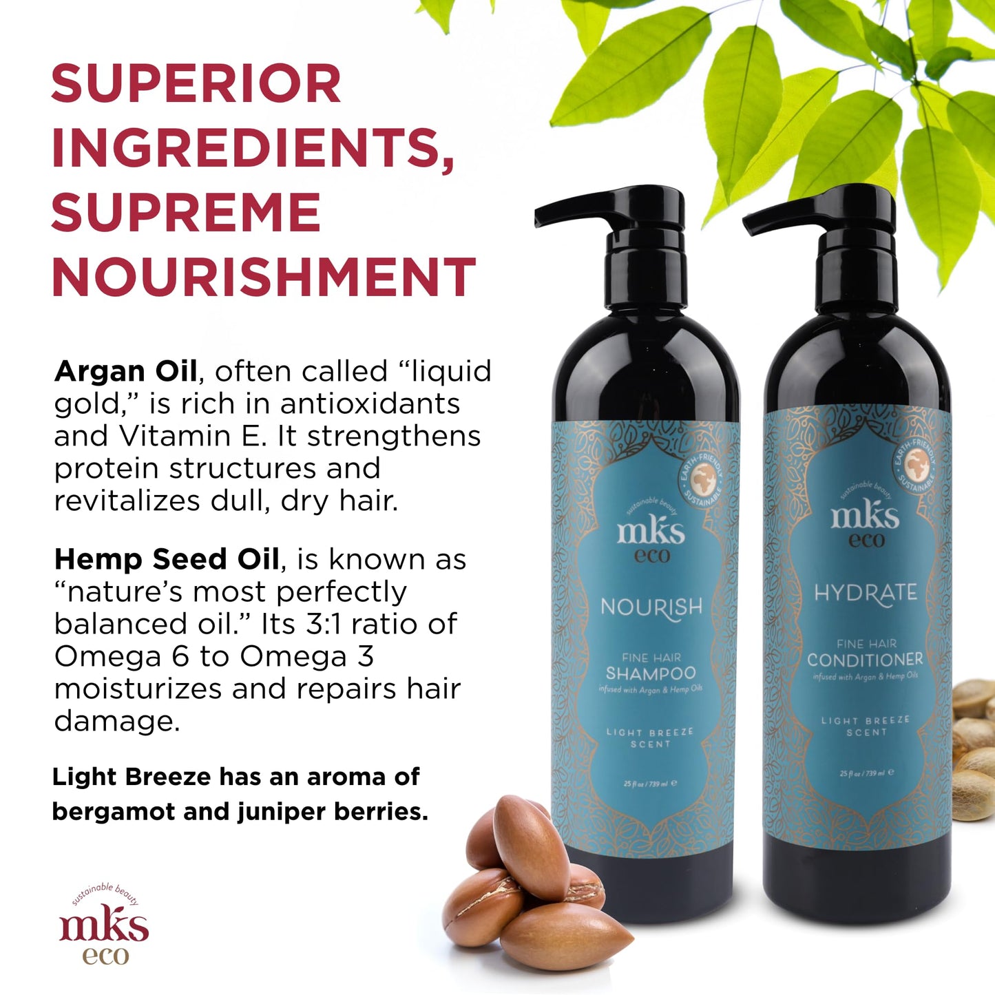 MKS eco Nourish Shampoo for Fine Hair, Light Breeze (25 fl oz) + MKS eco Hydrate Conditioner for Fine Hair, Light Breeze (25 fl oz) - Moroccan Argan