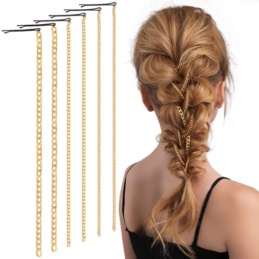 PAGOW 6Pcs Punk Gold Hair Chains with Tassels for Women and Girls, Ponytail Multi Strand Head Accessories with Clips for Nightclub, Christmas