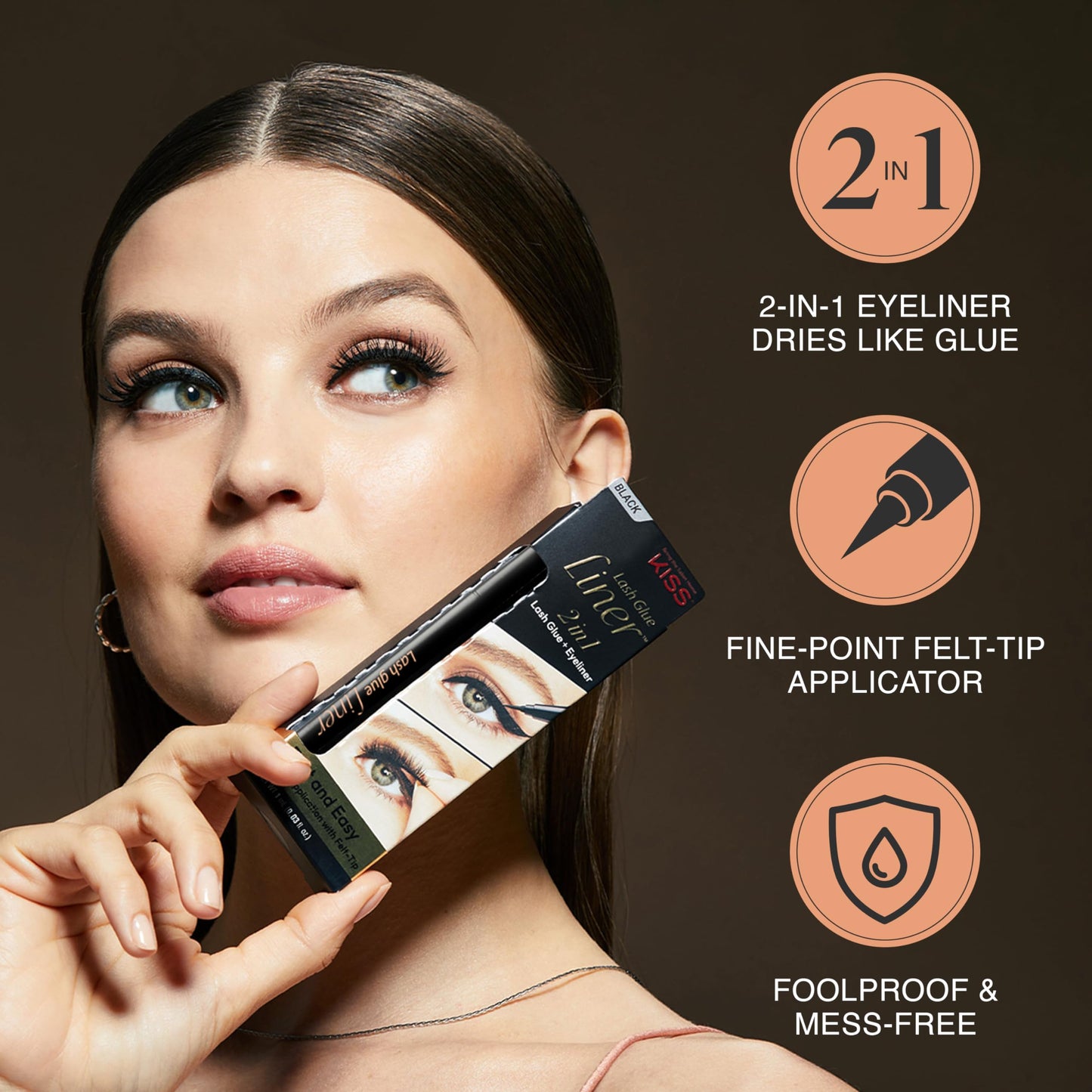 KISS Lash GLUEliner, 2-in-1 Felt-Tip Eyelash Adhesive and Eyeliner, Matte Finish, Foolproof Application, Easy Touch-Up, 0.03 Fl Oz.- Black, Packaging