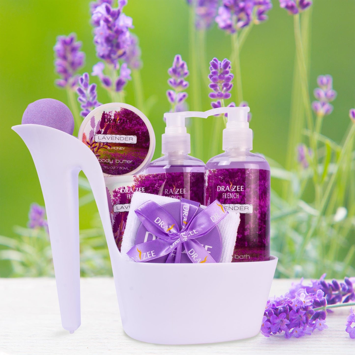 Gift Set for Her- 8 Pcs Luxury Lavender Scented Heel Shoe Bath & Body Spa Basket - Shower Gel, Bubble Bath, Body Butter, Lotion & More - Gifts