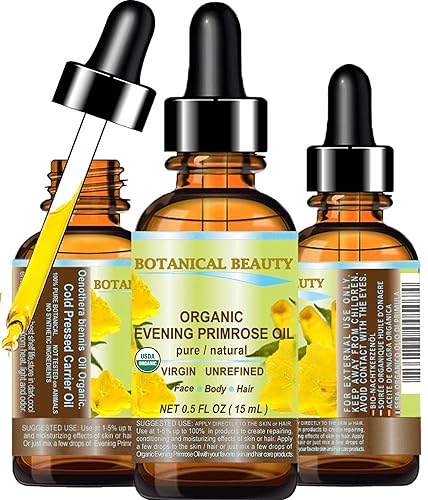Botanical Beauty Organic EVENING PRIMROSE OIL 100% Pure Natural Undiluted Unrefined Virgin Cold Pressed Carrier Oil. 0.5 Fl.oz.- 15 ml for face, skin