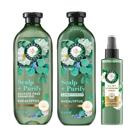 Herbal Essences Scalp + Purify Eucalyptus Sulfate Free Shampoo and Conditioner, and All-in-One Nourishing Spray Set Beauty & Personal Care Herbal Essences
