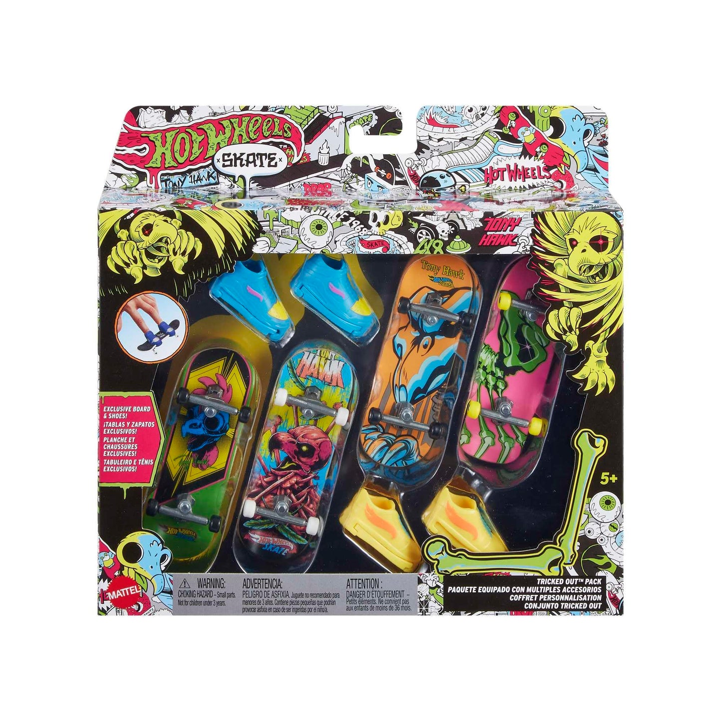 Hot Wheels Skate Neon Bones Tony Hawk-Themed Fingerboard and Shoes, Finger Skateboard and Removable Skate Shoes Designed in Collaboration with Tony…