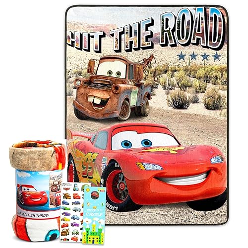 Disney Pixar Cars Blanket Set - Bundle with 45x60 Lightning McQueen Blanket, Stickers, More | Disney Bed Sheets, Cars Room Decor for Boys