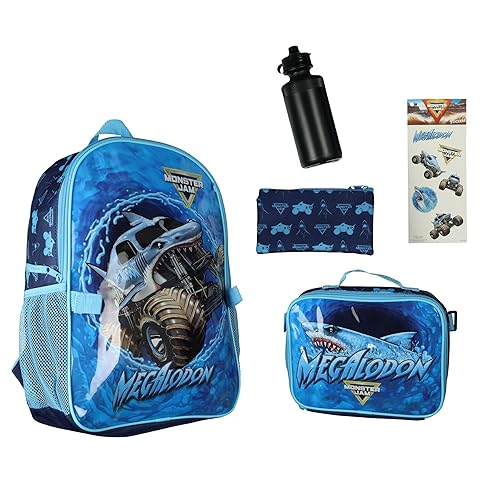 INTIMO Monster Jam Megalodon 5-Piece Backpack Mega Set with Detachable Lunch box Water Bottle Pencil Case and Stickers Set