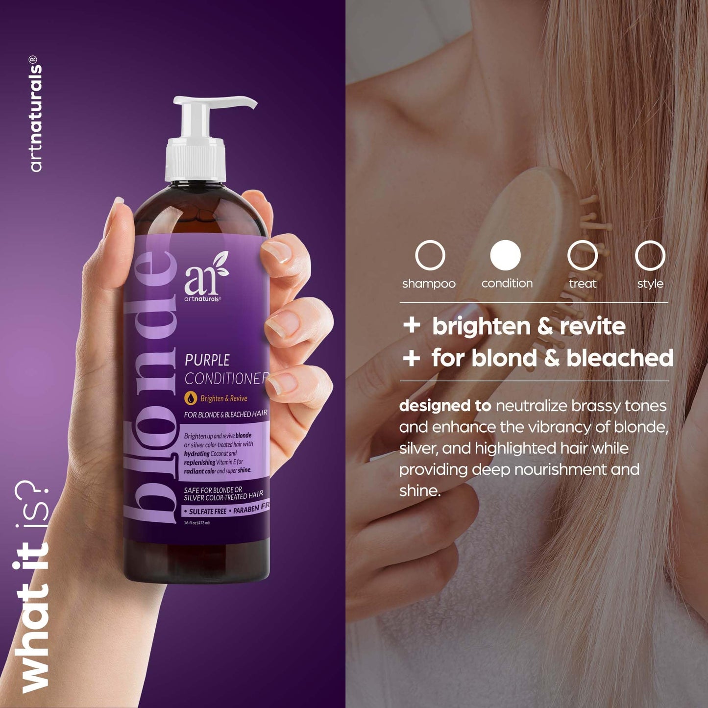 Artnaturals Purple Conditioner - (16 Fl Oz / 473ml) - Protects, Balances and Tones - Bleached, Color Treated, Silver, Brassy and Blonde Hair - Sulfate