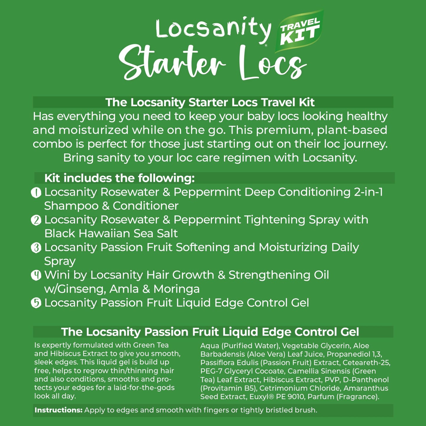 Locsanity Organic Baby Locs Travel Kit - Moisturizing 2-in-1 Shampoo & Conditioner, Passion Fruit Spray, Hair Oil, Rosewater Peppermint Tightening