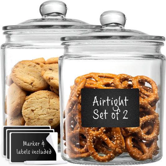 Le'raze Glass Canister Set for Kitchen Counter + Labels & Marker - Set of 2 - Glass Cookie Jars with Airtight Lids - Food Storage Containers…