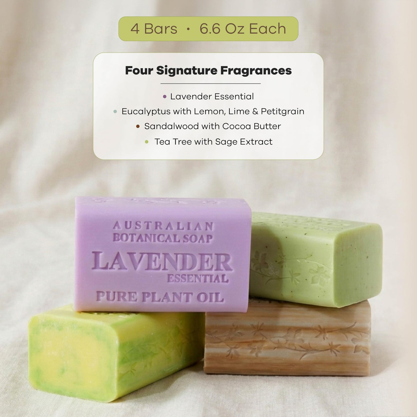 Australian Botanical Soap Essential Medley 4 Bar Variety Pack - Eucalyptus, Sandalwood, Lavender & Tea Tree, Triple Milled 6.6 oz Bars with Shea Beauty and Personal Care Australian Botanical Soap