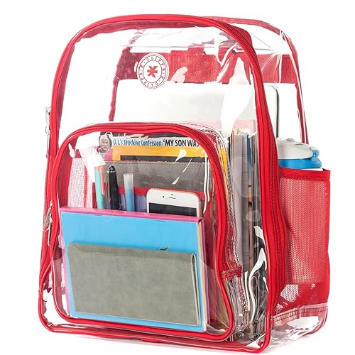 K-Cliffs Clear Backpack Heavy Duty Student Bookbag Large Durable See Through School Bag Quality Transparent PVC Travel Security Workbag Red
