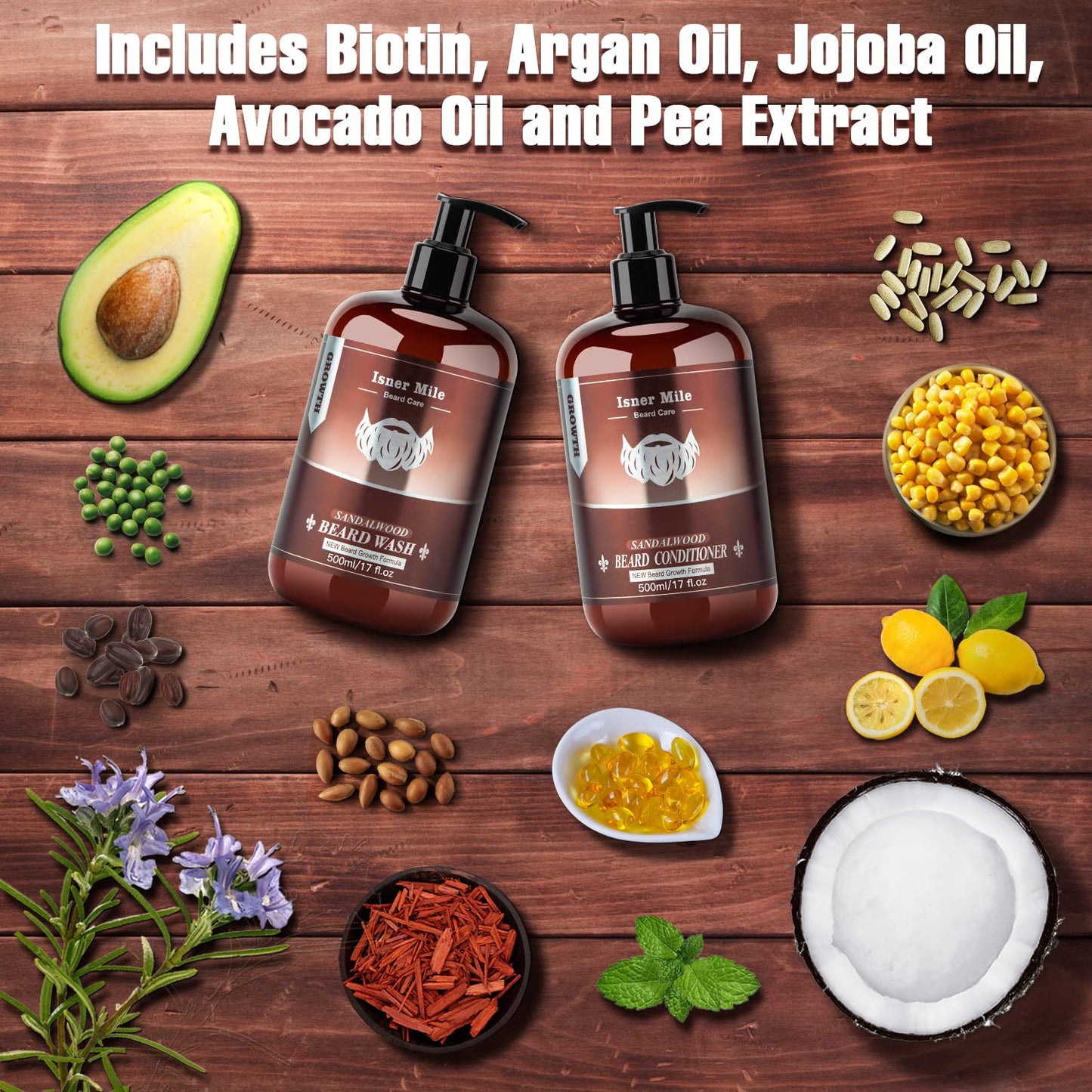 ISNER MILE Beard Wash & Conditioner Set for Men - 17 oz Shampoo with Biotin, Argan & Jojoba Oils for Smooth, Soft, and Strengthened Beard - Sandalwood