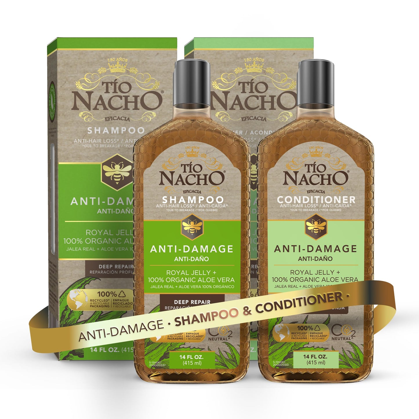 Tio Nacho Anti-Damage Shampoo & Conditioner Set with Aloe Vera & Royal Jelly, Deep Repair for Dry, Damaged Hair, Split Ends & Breakage