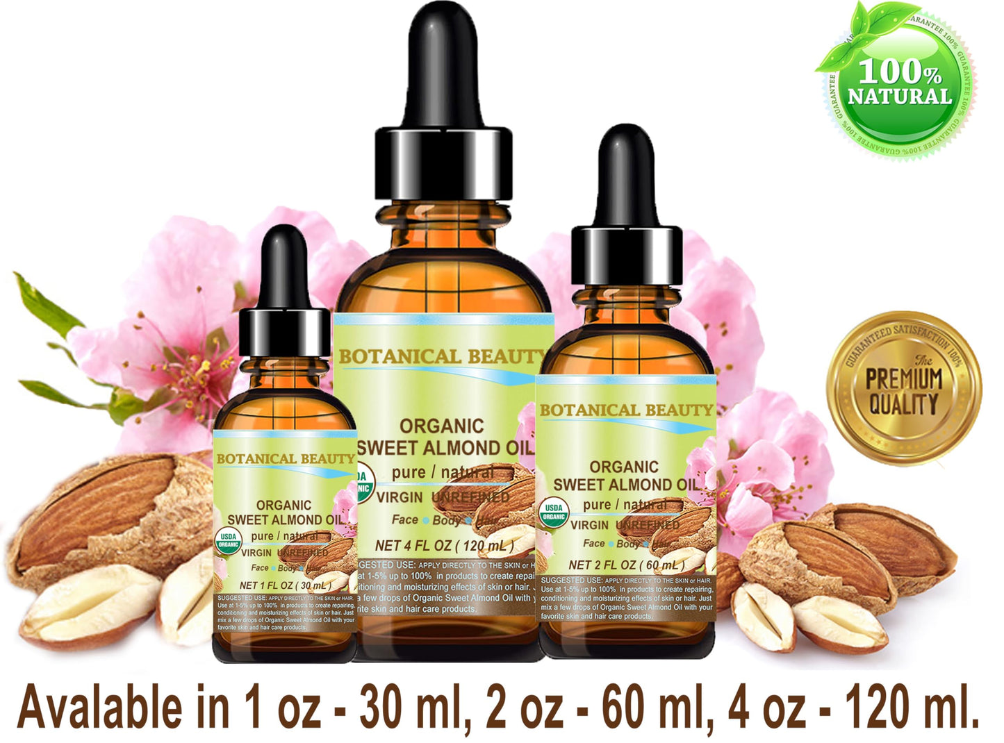 Botanical Beauty Organic SWEET ALMOND OIL 100% Pure Natural Virgin Unrefined Undiluted Cold Pressed Carrier Oil for Face, Skin, Body, Hair, Massage