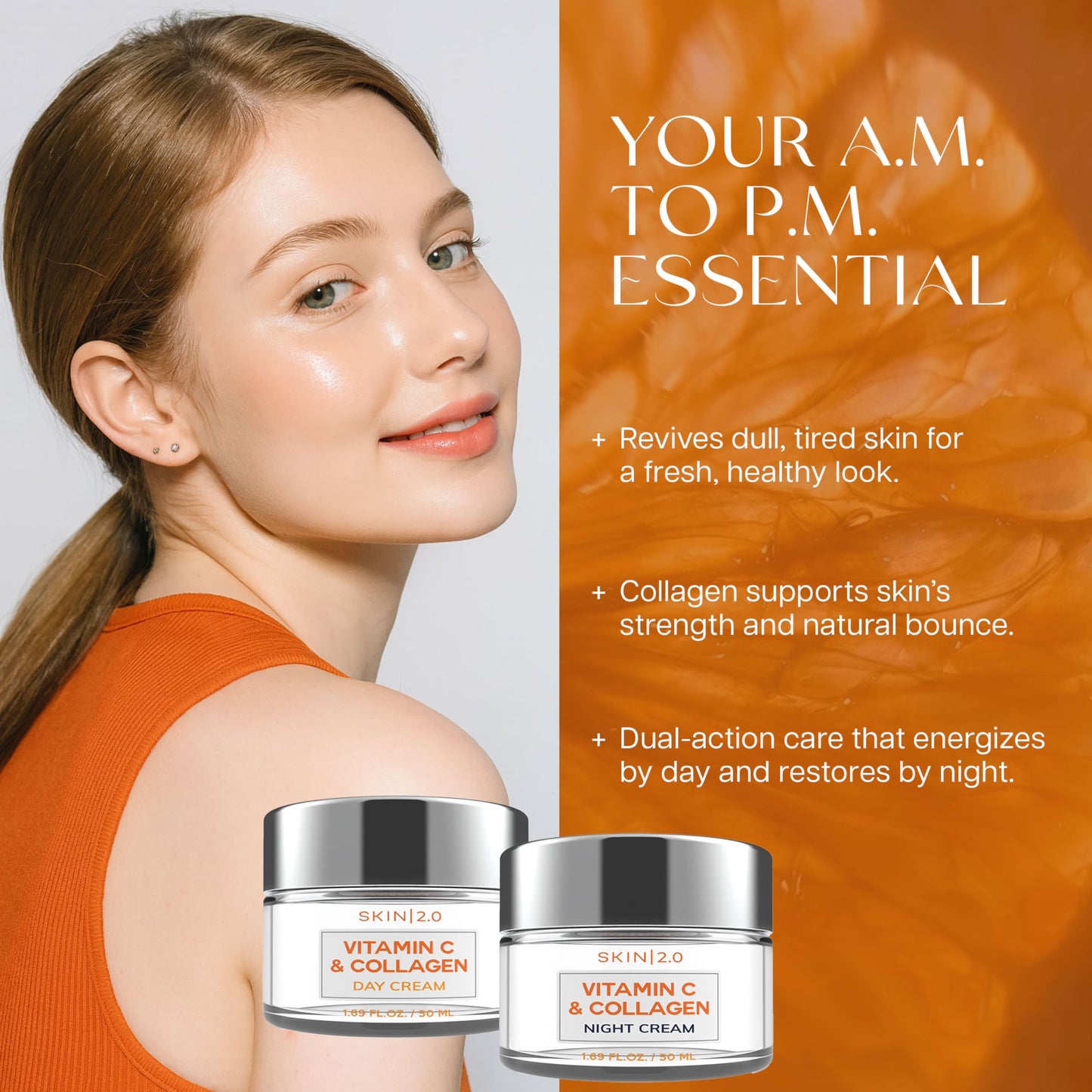 Skin 2.0 Vitamin C & Collagen Face Moisturizer - Anti Aging Day & Night Cream for Smooth & Radiant Skin, Firms & Restores Dull Complexion