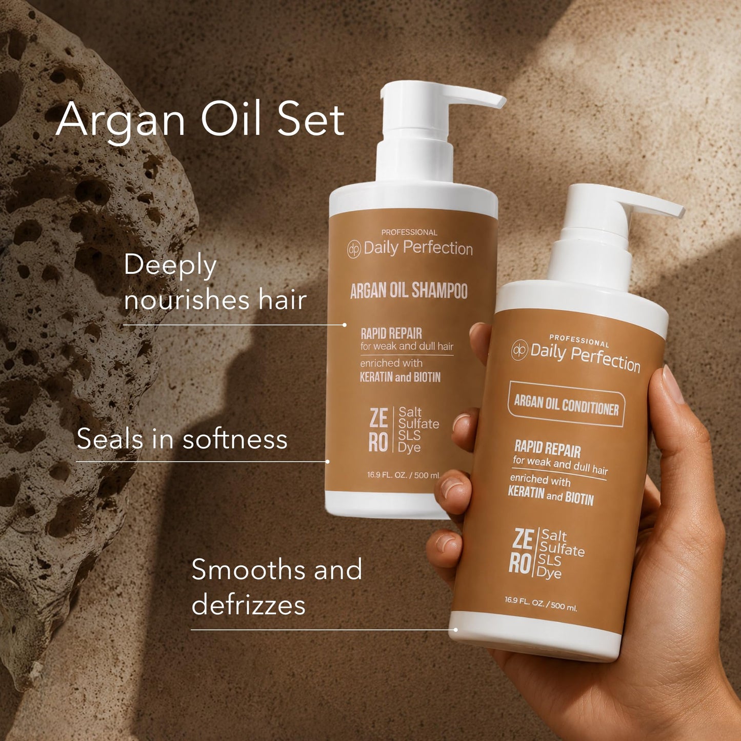 Daily Perfection Argan Oil Shampoo and Conditioner Set - Rapid Repair Deep Hydrationwith Biotin and Keratin for Weak, and Damaged Hair - Salt, Sulfate