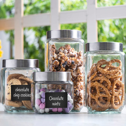 4pc Square Glass Cookie Jars with Airtight Lids + Marker & Labels, Canister Sets for Kitchen Counter or Bathroom - Food Storage Containers with Lids…