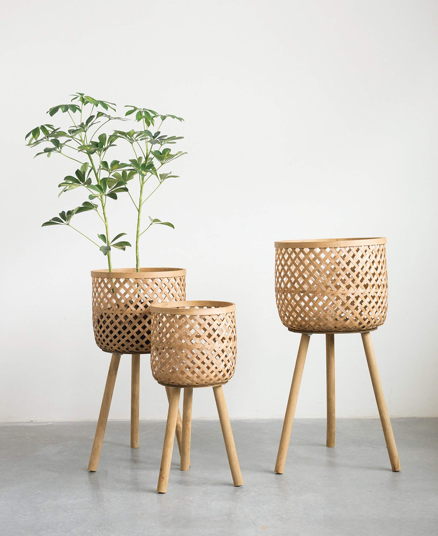 Creative Co-Op Round Bamboo Floor Baskets with Wood Legs (Set of 3 Sizes)