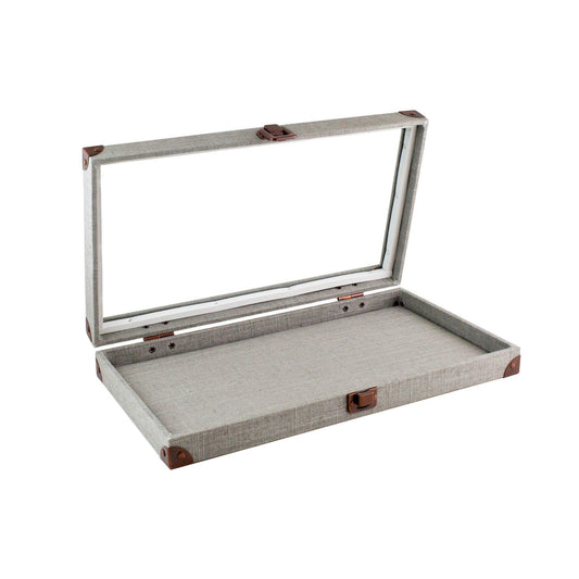 888 Display USA - Grey Linen Covered Jewelry Case with Glass Top and latch