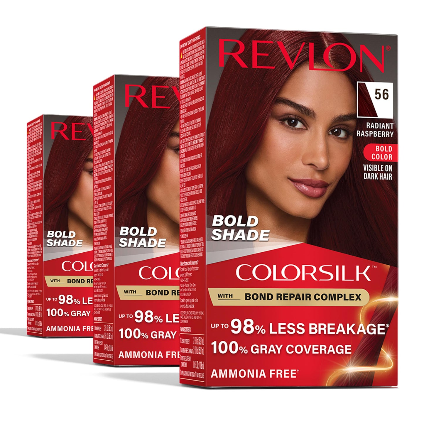 Revlon ColorSilk with Bond Repair Complex, Permanent Hair Color, 100% Gray Coverage, Ammonia Free Dye, Vegan Keratin, 56 Radiant Raspberry, 3 pack